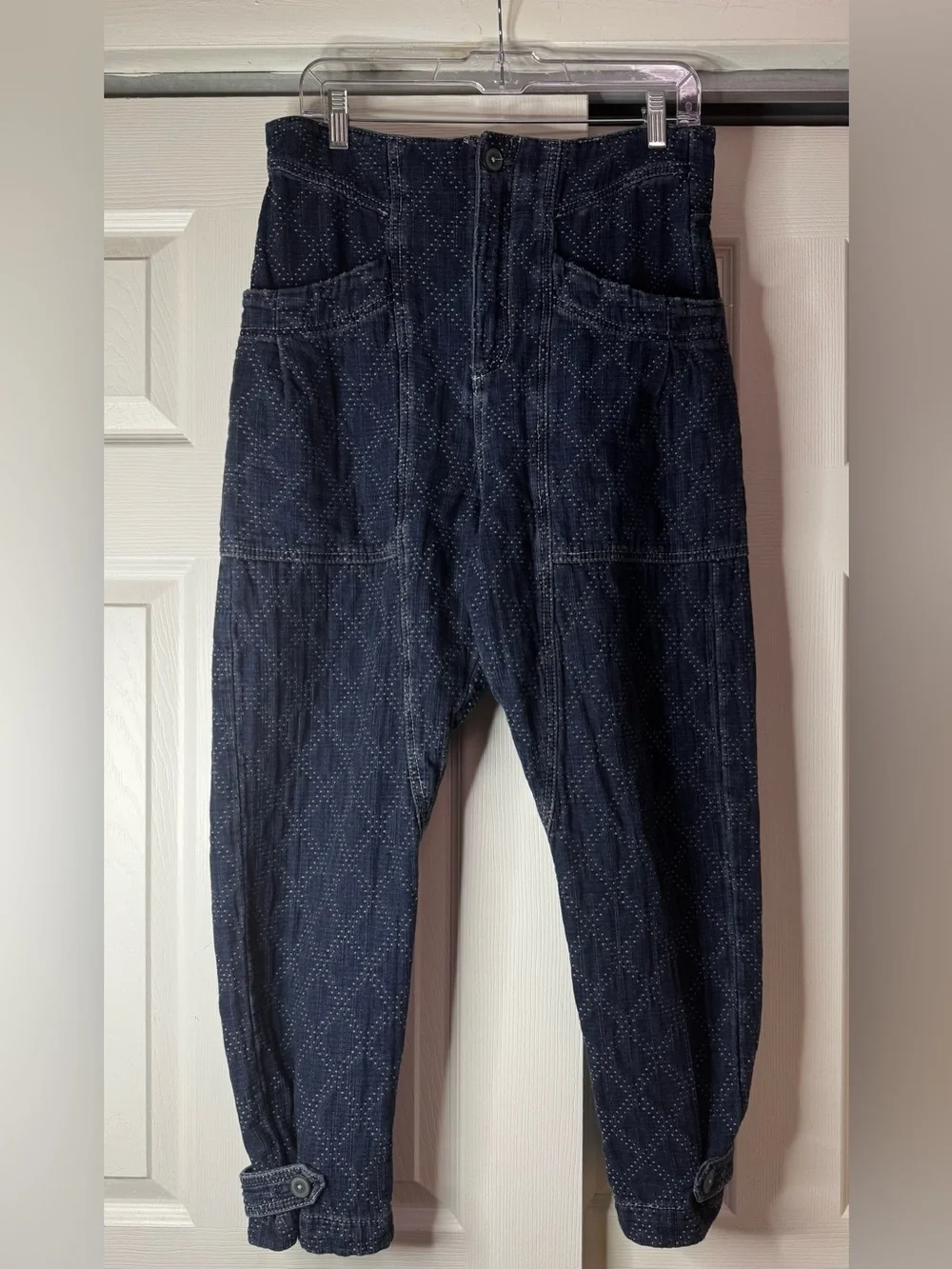 Free People We The Free Denim Quilted Diamond Print Utility Barrel Pants -Size S